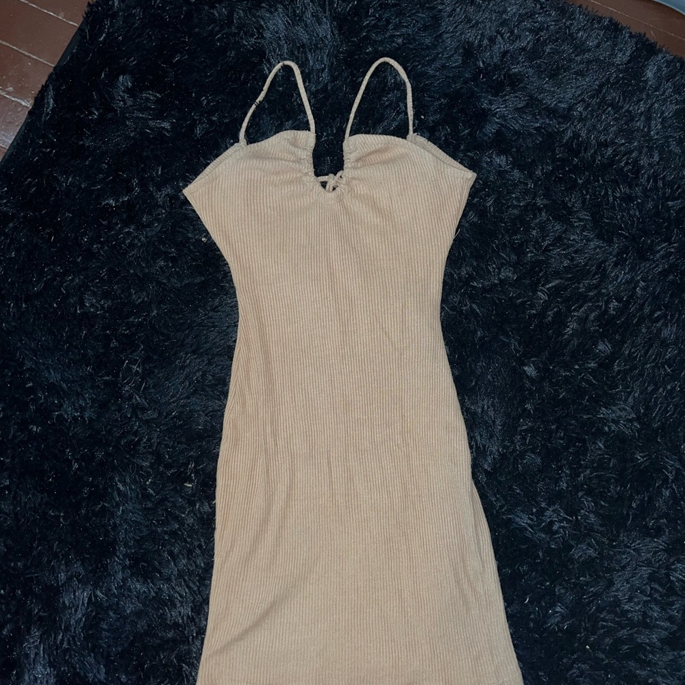 Tan Ribbed Bodycon Mini Dress - Picture 2 of 9